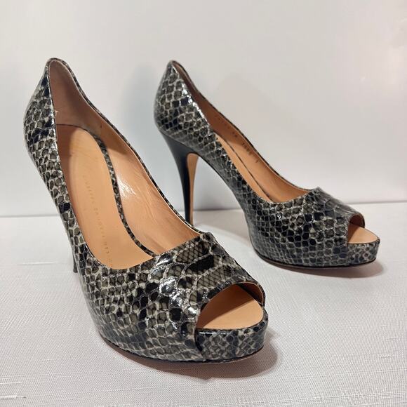 Giuseppe Zanotti Snake Embossed Peep-toe Stiletto Pumps Heels Gray Women Size 38 - Picture 1 of 7